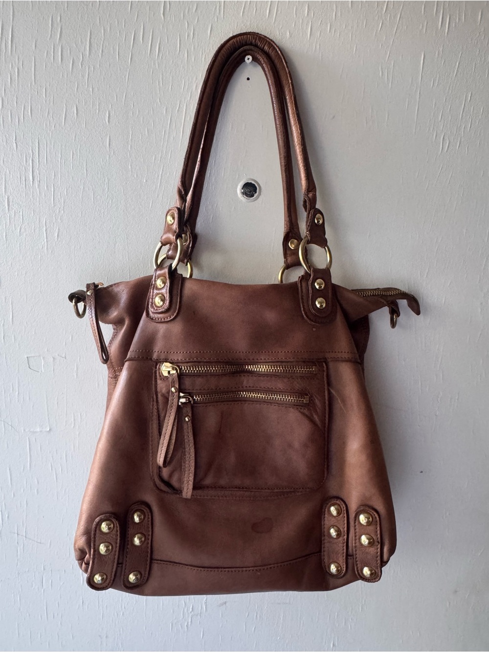 Linea Pelle Brown Leather Shoulder Bag with Gold Hardware